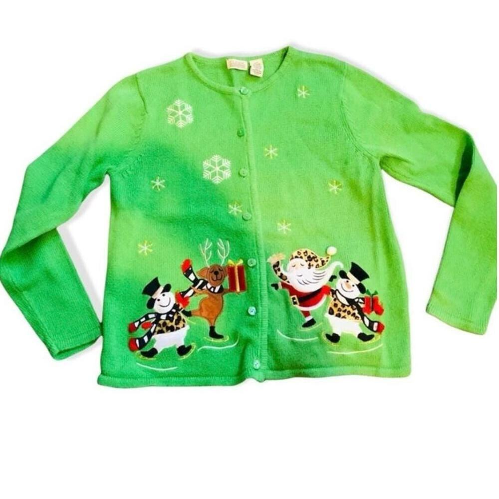Classic Elements Vintage Christmas Cardigan Green Embroidered Holiday Sweater